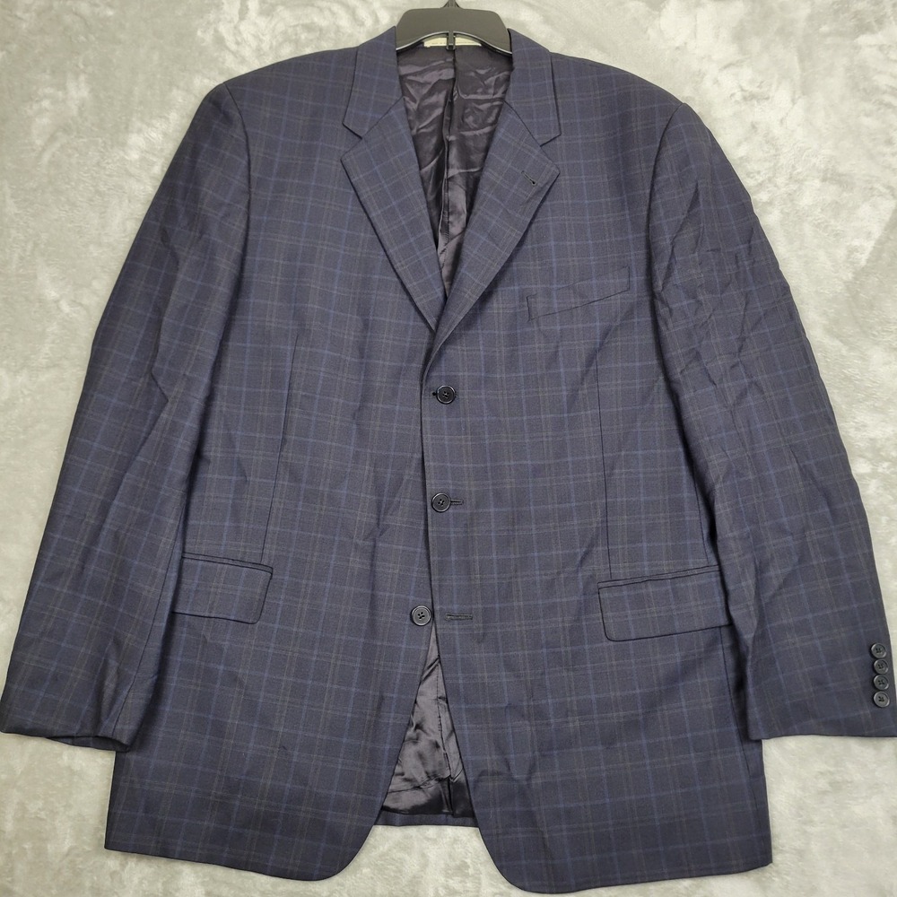 Joseph Abboud Bloomingdale's Men's 46L Blue Plaid Super 100's 3-Button Blazer